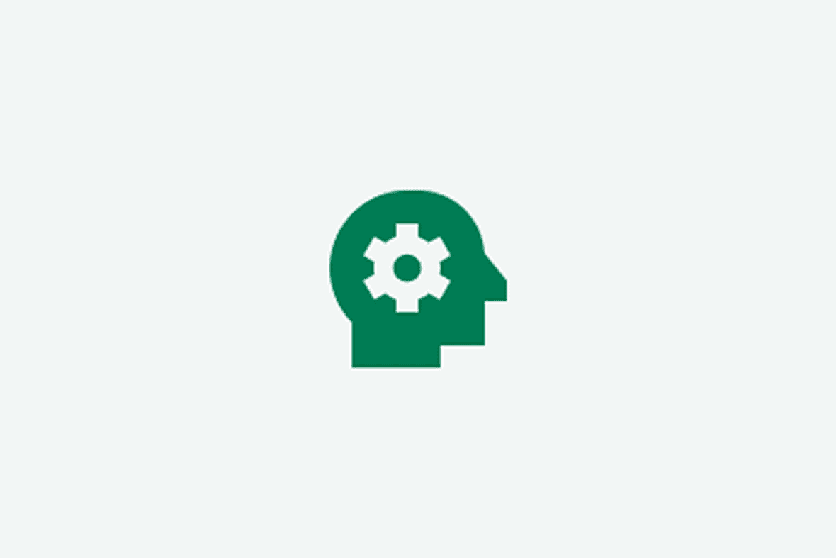Icon of a person's profile with a gear in their head, to represent thinking.