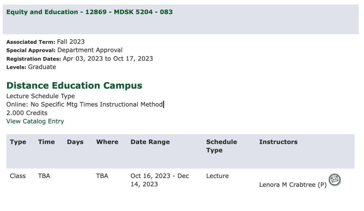 screenshot UNC Charlotte campus course codes