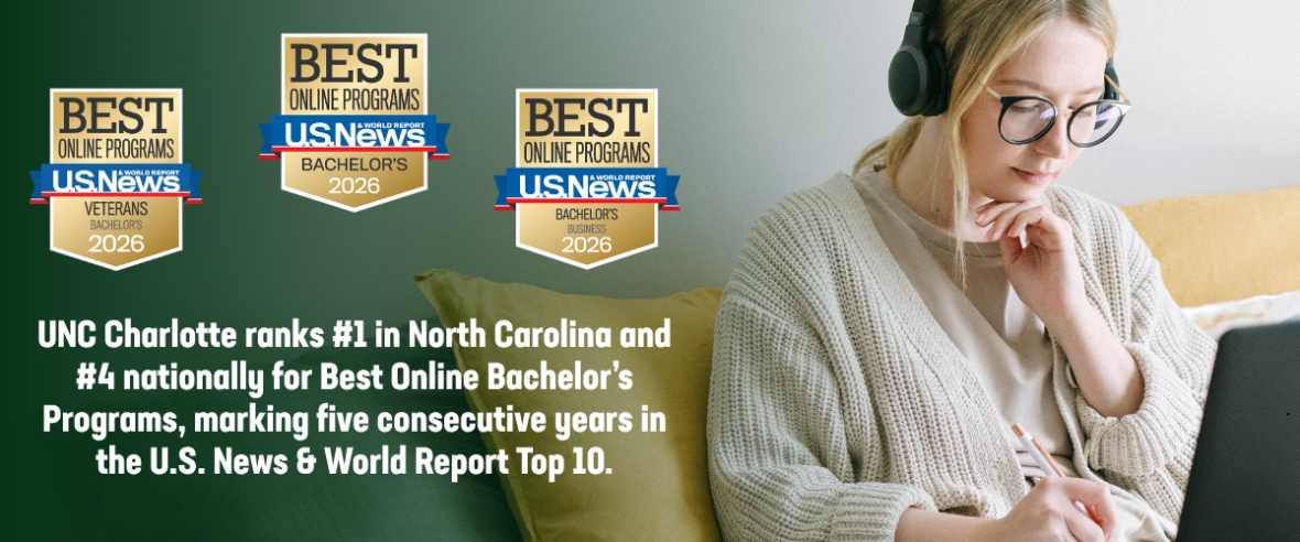 A promotional banner featuring a student with headphones working on a laptop while taking notes. Three U.S. News & World Report 2026 "Best Online Programs" badges are displayed at the top, highlighting rankings for Veterans, Bachelor's, and Business programs. Text at the bottom reads: "UNC Charlotte ranks #1 in North Carolina and #4 nationally for Best Online Bachelor’s Programs, marking five consecutive years in the U.S. News & World Report Top 10.