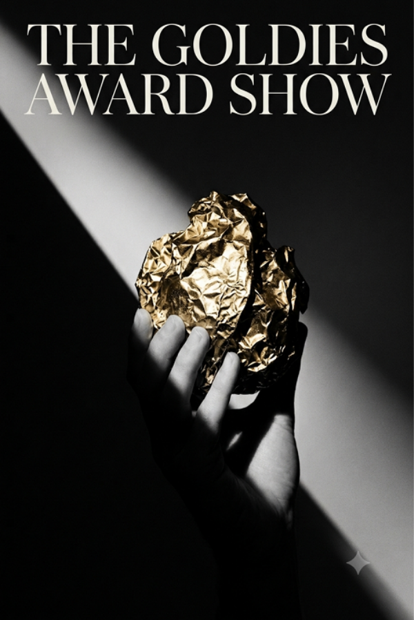 Cover of "The Goldies Award Show," featuring a black-and-white hand holding a crumpled gold object under a dramatic spotlight.
